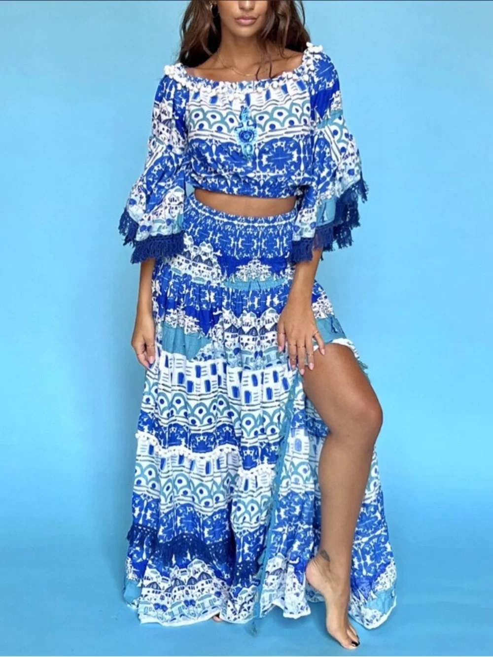 Antica Sartoria Positano Italy 2pc Top Skirt Set Blue Tassel Pom Pom OS